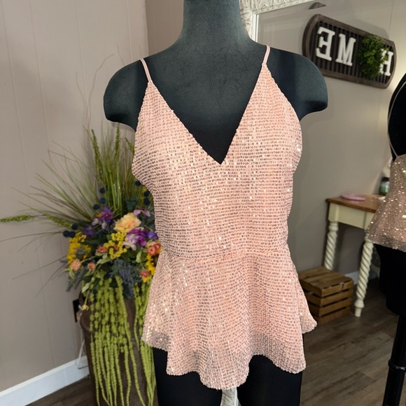 Express • Rose Gold Sequin Peplum Cami Blouse - Picture 9 of 10